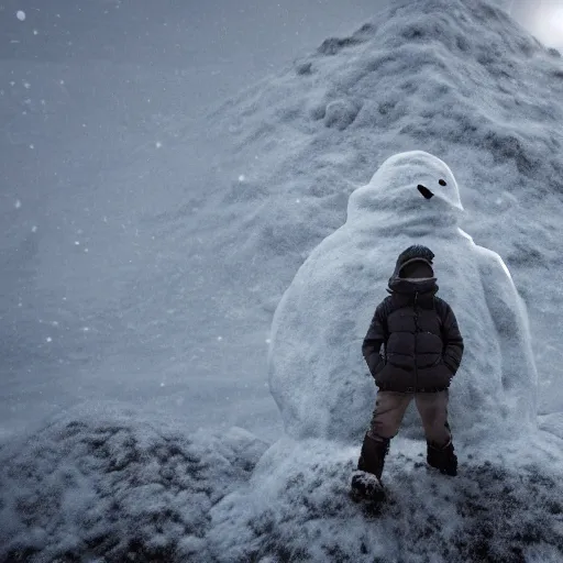 Image similar to snowman forming a man-like sculpture from snow on a snow-covered hillock, late evening, photorealistic image cinematic lighting, photo realistic image, 4K, super detailed, cinematic look, H 1024