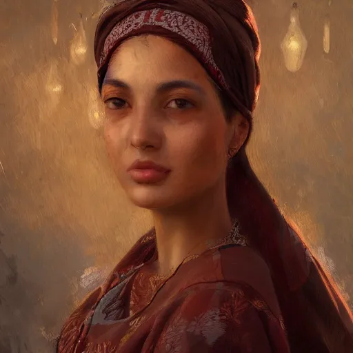 Image similar to a beautiful portrait painting of life in north africa, masterpiece by famous artist nasreddine dinet and eugene de blaas and ross tran, path tracing, artstation