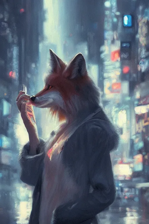 Prompt: beautiful portrait of a tall, shapely white female anthro fox smoking a cigarette in a blurred out crowd, rainy city street, cyberpunk clothes, cyberpunk, harsh neon lights, highly detailed, sharp focus, digital painting, illustration, trending on artstation, art by sakimichan, wlop, greg rutkowski