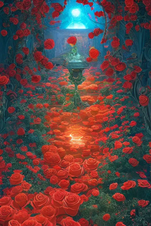 Prompt: Red Rose Garden, Art Nouveau Cosmic 4k Detailed Matte Illustration featured on Getty Images ,CGSociety, Jade and Carrot orange color scheme, Pastiche by Marc Simonetti, Pastiche by Cedric Peyravernay