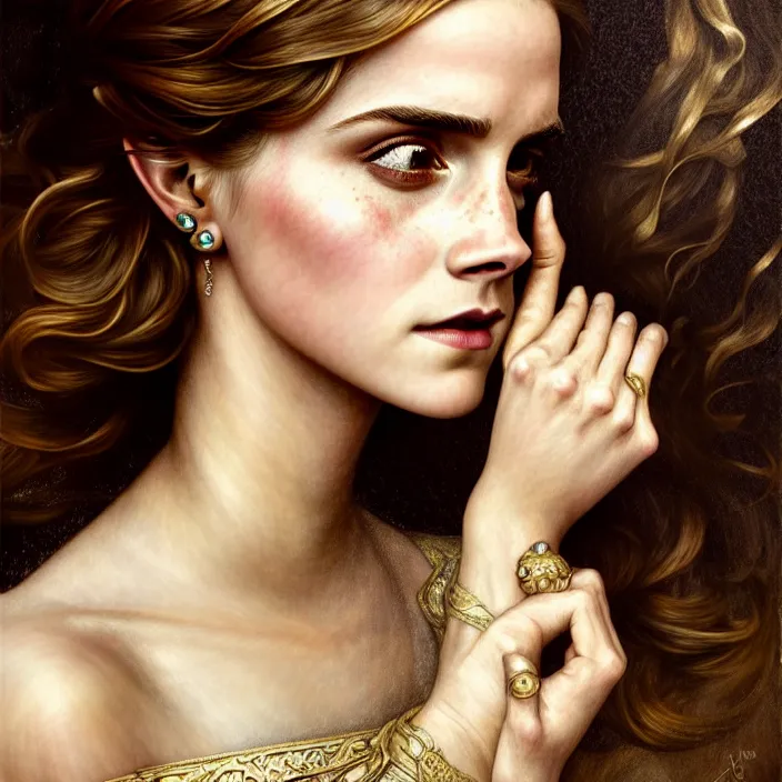 Image similar to ancient high queen emma watson, symetrical, diffuse lighting, fantasy, intricate, elegant, highly detailed, lifelike, photorealistic, digital painting, artstation, illustration, concept art, 4 k, smooth, sharp focus, art by john collier and albert aublet and krenz cushart and artem demura and alphonse mucha