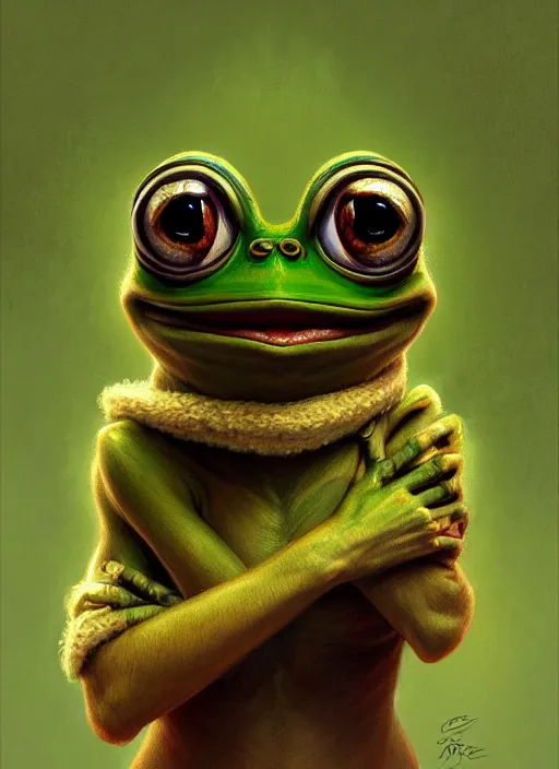 Image similar to pepe the frog, portrait, intricate, sad, highly detailed, digital painting, artstation, concept art, wallpaper, smooth, sharp focus, illustration, art by artgerm and greg rutkowski and alphonse mucha