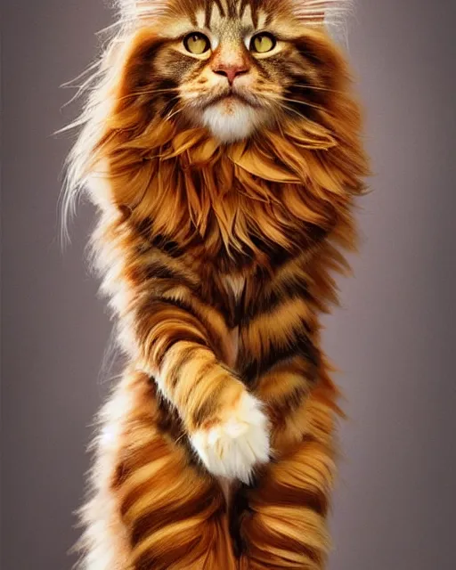 Prompt: beautiful maine coon as honey, made of honey, wearing honey - themed miniskirt, award winning creature portrait photography, extremely detailed, artstation, 8 k, sensual lighting, incredible art, wlop, artgerm, backlit, rim lighting, hi - fructose