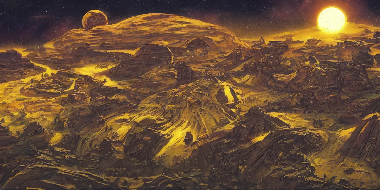 Image similar to artwork in the style of finnian macmanus and in the style of chesley bonestell.