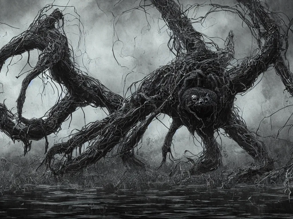 Prompt: Giant black spider climbing out of a swamp. Concept art. 4k. High detail. In the style of Lovecraft.