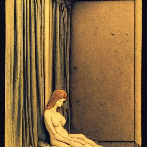 Image similar to a goddess in a liminal room, polaroid by leon battista alberti, limited color palette, very intricate, art nouveau, highly detailed, lights by hopper, soft pastel colors, minimalist