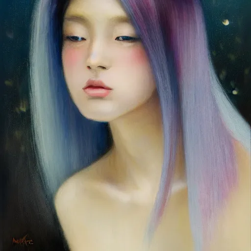 Prompt: stunning serene anime portrait of a young woman of middling height with a light complexion by Mark Arian, oil on canvas, masterpiece, realism, piercing gaze, autumn bokeh, hair reaches near her mid-back and forms rounded locks mainly blue in coloration, but with thin, pink-colored streaks running through, one white streak of hair over her left eye, blunt bangs fall on her forehead, split near the left, and an ahoge stands up on her head, has horns: a sharp, upward-curving pair emerging from the sides of her head, white in color, that resembles a bull\'s, eyes are large, round, fringed by long lashes, and encompass violet irises, lower face up to the nose is covered by a pink face mask with a scalloped edge, trimmed with a white stripe, wearing a long-sleeved minidress that is white and pleated above the waist, with a blue bow below a point collar, the dress\'s lower, light-blue, and non-pleated section, with a button placket in the middle, ends in a short skirt part that has a slightly ruffled hem, leaving most of her legs visible. Fastened on her shoulders is a darker-blue cape trimmed with light-blue fur on its edges with blue insides, which goes near the ground, and her footwear is red high heels, view from below