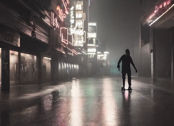 Image similar to a silhouetted person with long, flowing hair rides a skateboard through an empty neon - lit brutalist city in the rain, colored gel lighting, reflective surfaces, midnight, portra, film grain, high contrast, hyperdetailed, chromatic aberration, reminiscent of blade runner, dynamic pose