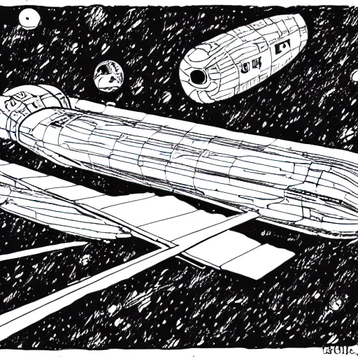 Prompt: line art drawing of a spaceship approaching a giant space station