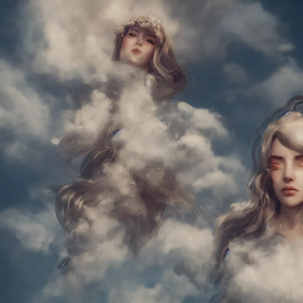 Image similar to beautiful girl in full gown blowing clouds, portrait character concept style trending on artstation concept art detailed octane render cinematic photo - realistic 8 k high detailed