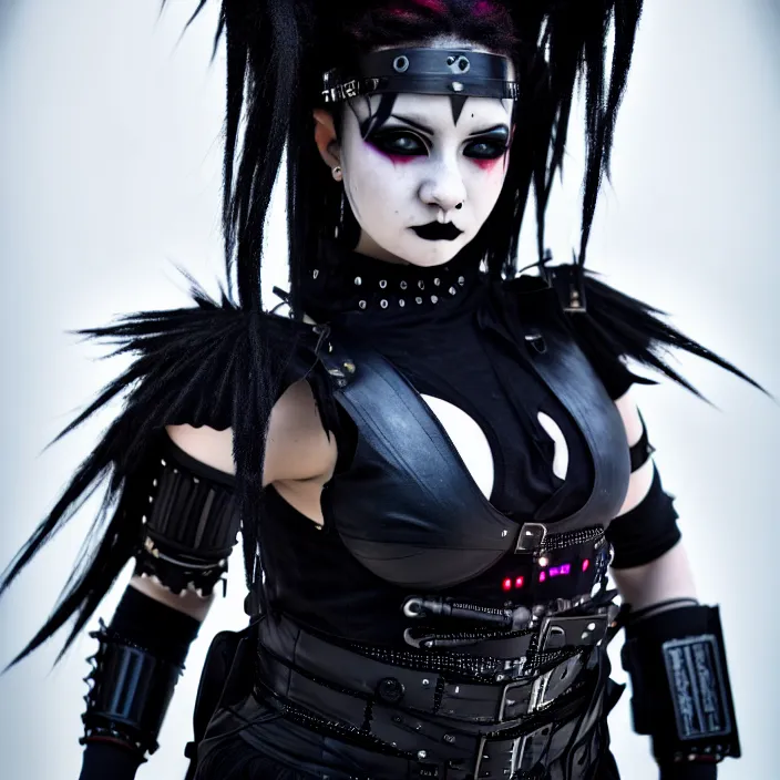 Prompt: full body photo of a real - life beautiful cybergoth warrior, 8 k, hdr, smooth, sharp focus, high resolution, award - winning photo