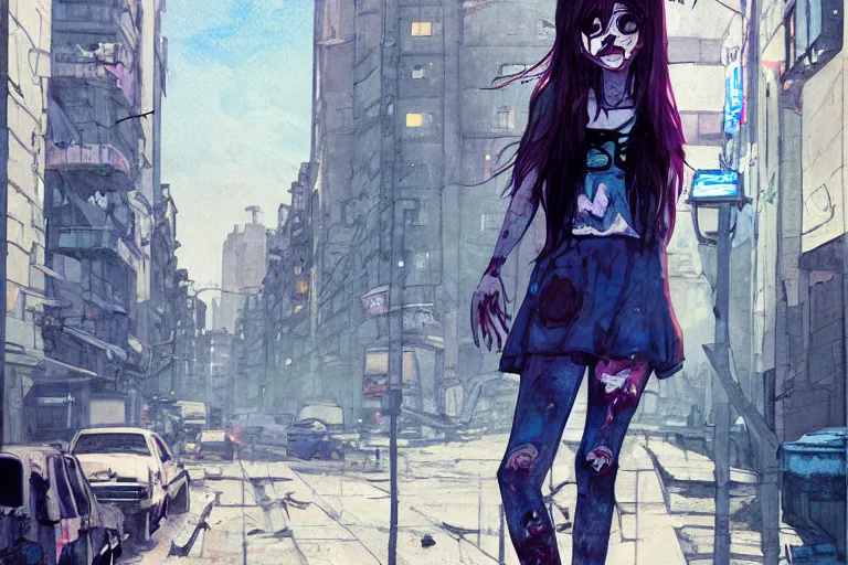 Image similar to urban school zombie girl in tattered clothes with a city street of Buenos aires in the background, dark blue long hair, muted colors, matte print, pastel colors, ornate, digital art, cute smile, digital painting, fan art, elegant, pixiv, by Ilya Kuvshinov, by Studio Ghibli