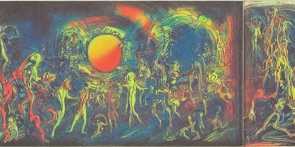 Image similar to dawn of creation; first atom; beings of light and darkness; ethereal plane. Bright neon colors. illustrated by maurice sendak and Stephen Gammell and jean dubuffet