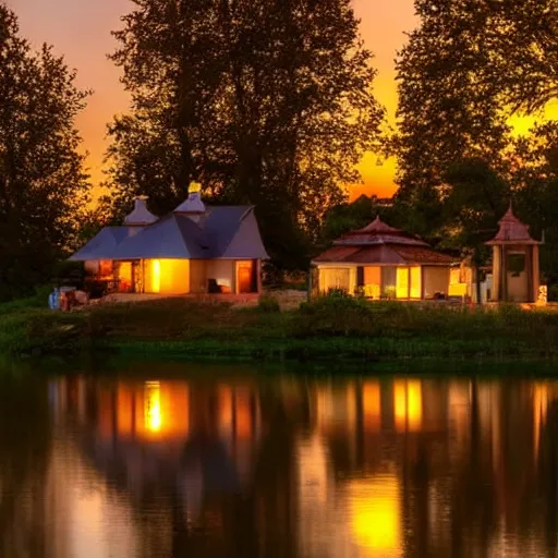 Prompt: a small house by the lake on a beautiful summer night, lanterns, sunset