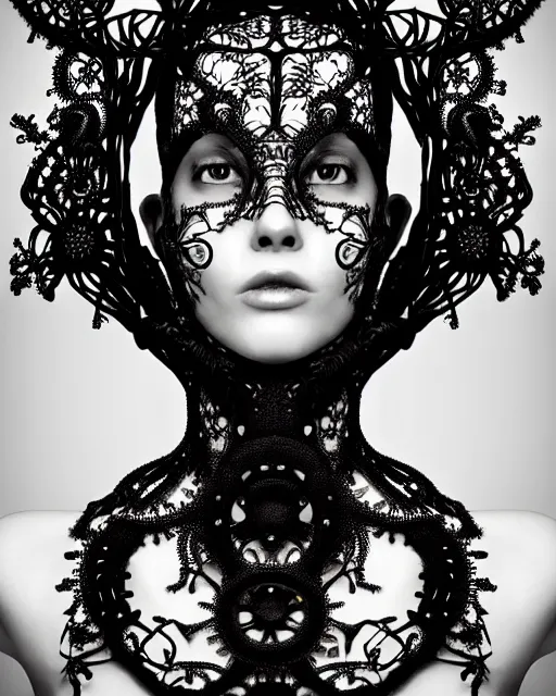 Image similar to surreal black and white photo portrait of complex bio-mechanical beautiful young female vegetal-cyborg with a Mandelbrot fractal steampunk metal fine lace face, a very long neck and a fine metal floral foliage super big lace collar by Alexander McQueen:: smoke, high fashion, haute couture, rococo, steampunk, silver filigree details, anatomical, facial muscles, cable wires, microchip, elegant, dreamy, foggy atmosphere, hyper realistic, 150 mm lens, soft rim light, octane render, unreal engine, picture was taken in 1910 by Man Ray, volumetric lighting, dramatic light,8k,