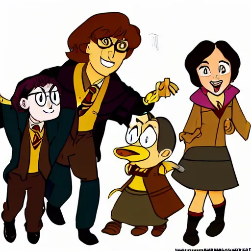 Image similar to Harry Potter, Ron and Hermiona in a DuckTales style