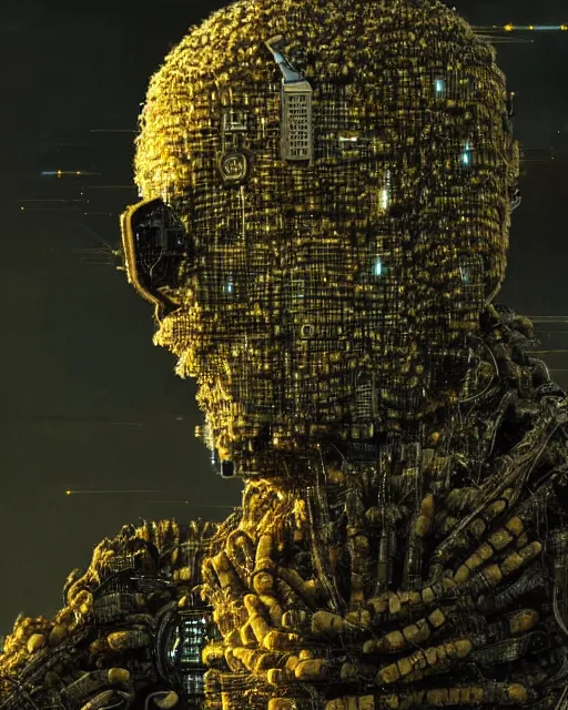 Image similar to man half covered face with cybernetic enhancements made of corn as seen from a distance, scifi character portrait by greg rutkowski, esuthio, craig mullins, 1 / 4 headshot, cinematic lighting, dystopian scifi gear, gloomy, profile picture, mechanical, half robot, implants, solarpunk