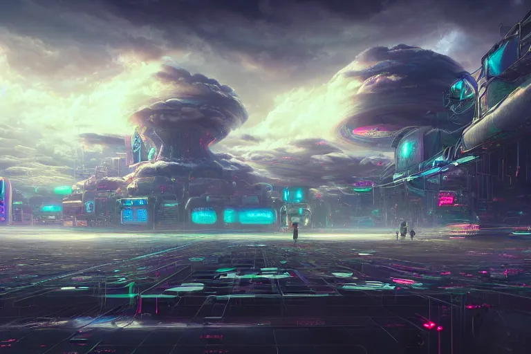 Image similar to a psychedelic realm with rolling plains made out of clouds, and a giant cyberpunk portal that leads into the multiverse, in the style of wlop, illustration, epic, fantasy, hyper detailed, smooth, unreal engine, sharp focus, ray tracing