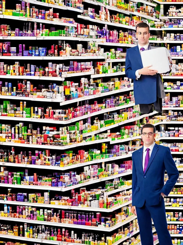 Image similar to a formal portrait photograph of an expanding salesman dissected into cubes. he is stacked on a supermarket shelf in the cosmetic aisle