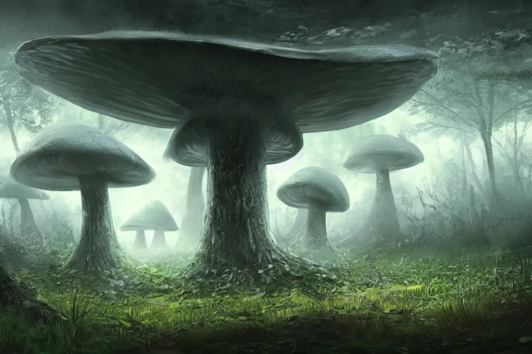 Image similar to giant mushroom forest in the style of Tuomas Korpi concept art, 4K, UHD, High quality, Trending on Artstation HQ