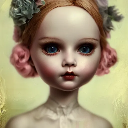 Image similar to cute porcelain doll natalie domer, mark ryden style, vivid colors, high details, cinematic, 8 k resolution, beautiful detailed, photorealistic, digital painting, dark atmosphere, artstation, concept art, smooth, sharp focus, illustration, fantasy background, artstation trending, octane render, unreal engine