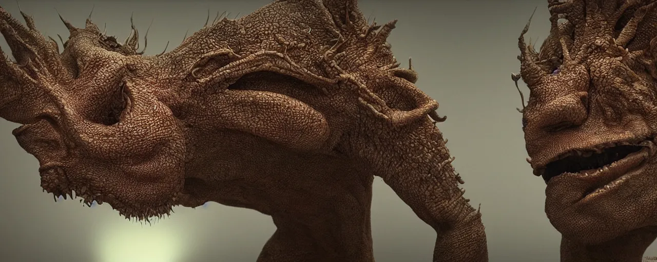 Image similar to a strange creature in the home room, film still from the movie directed by Denis Villeneuve with art direction by Zdzisław Beksiński, close up, telephoto lens, shallow depth of field, beautiful detailed intricate insanely detailed octane render, 8K artistic photography, photorealistic