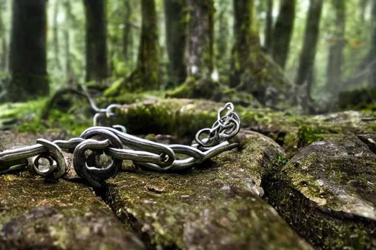 Image similar to photograph of a fantasy style shackle in an ancient forest