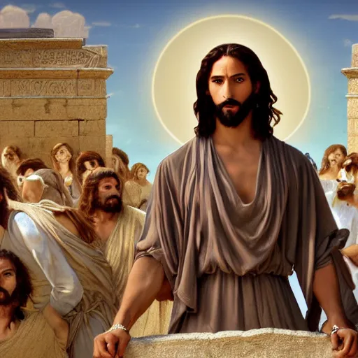 Prompt: an extremely detailed matte painting of a ridiculously good looking jesus that looks like a jewish gigachad with his 1 2 apostle entourage dropping the hottest album of the year, long curly hair, elegant ancient greek dress, very detailed, windy beach, beautiful, intricate, cinematic, artstation, william bouguereau, alphonse mucha, greg rutkowski, rossdraws, octane render