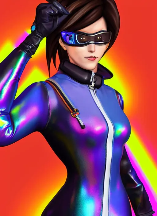 Image similar to portrait bust digital artwork of tracer overwatch, wearing iridescent rainbow latex and leather straps catsuit outfit, neon makeup, in style of mark arian, angel wings, wearing detailed leather collar, chains, black leather harness, detailed face and eyes,
