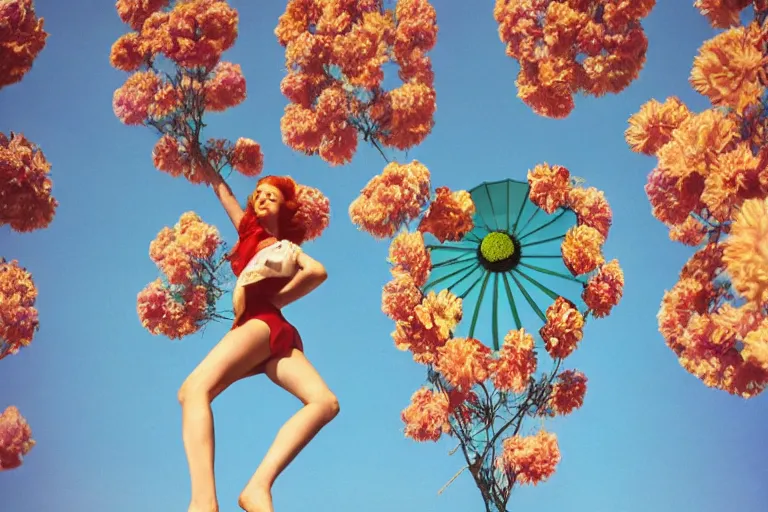 Image similar to giant flower head, girl standing, 1 9 6 0 window, surreal photography, symmetry, mid century, flat perspective, bright colours, blue sky, realistic, wes anderson