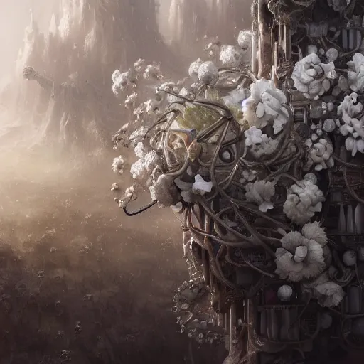 Image similar to intricate bio - mechanical white flowers intertwined with human bio - mechanical organs, intricate environment, matte painting, cinematic, epic composition, highly detailed, atmospheric, wide angle, artstation trending