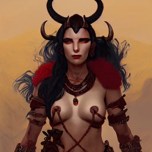 Prompt: portrait of a female berber tiefling with red skin, devil horns and black hair wearing a steel chestplate in a desert, fantasy, highly detailed, digital painting, artstation, concept art, character art, art greg rutkowski and alphonse mucha