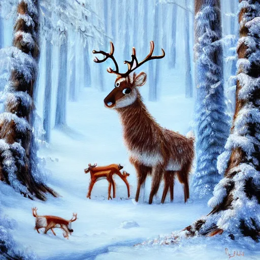Prompt: cute fluffy baby reindeer sitting in snowy winter forest landscape detailed painting 4k