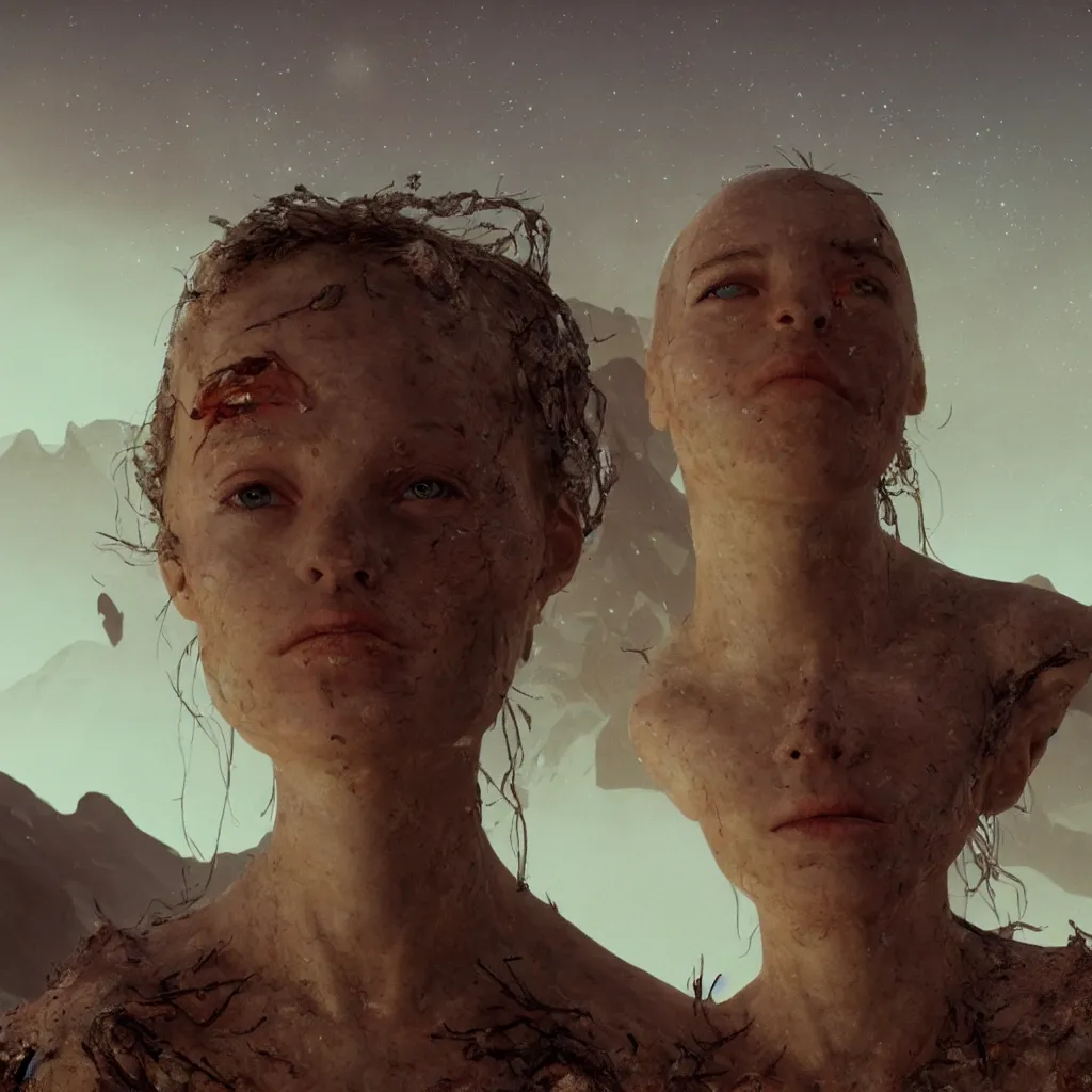 Image similar to extremely detailed cinematic movie still 3 0 7 7 portrait shot of phoenix princess 1 8 years old white woman hyperreal skin face at the mountain top by denis villeneuve, wayne barlowe, simon birch, marc simonetti, philippe druillet, beeple, bright volumetric sunlight from remote star, rich moody colors, closeup, bokeh