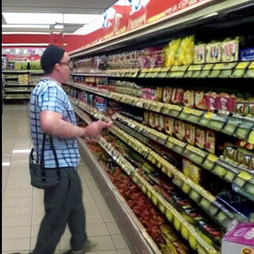 Prompt: Super Mario caught on security footage rummaging through the mushroom section of a supermarket, realistic, paranormal