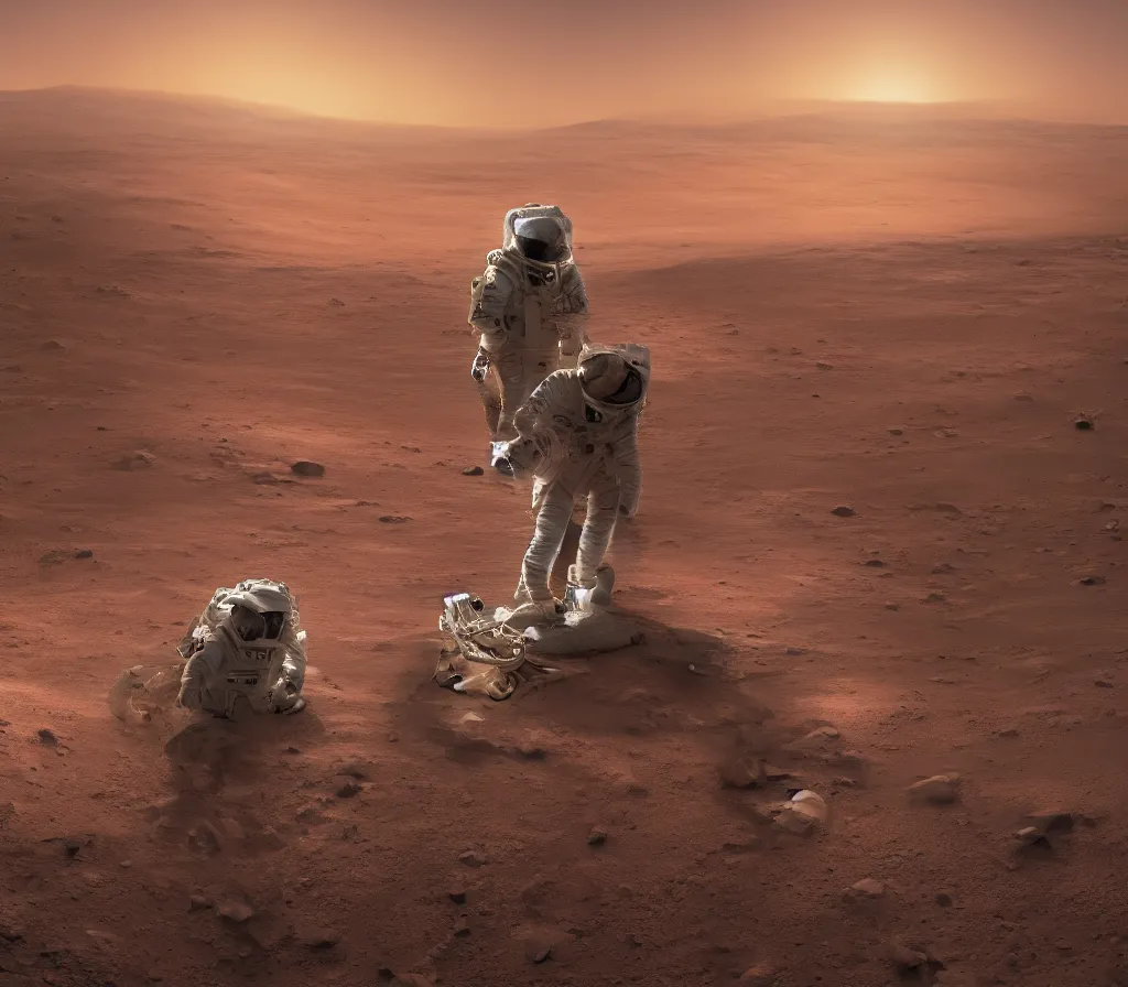 Prompt: Detailed photo of an astronaut seen from behind, he is standing on top of mount Venus on Mars, he is watching the Starship Super Heavy landing at the background, the Starship is landing at the base on the first martian colony, the sunset has just come with the characteristic cold color tone from Mars, the photo was taken by John Kraus, photorealistic, matte painting, hyper realistic, concept art, 4k, 8k, cinematic composition, cgsociety, HD, highly detailed, octane render, unreal engine 5, trending on artstation, shaders