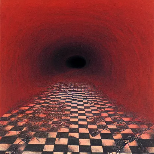 Image similar to a warped tunnel of irregular red and black checkerboard pattern drowns out a desperate voice by Zdzisław Beksiński