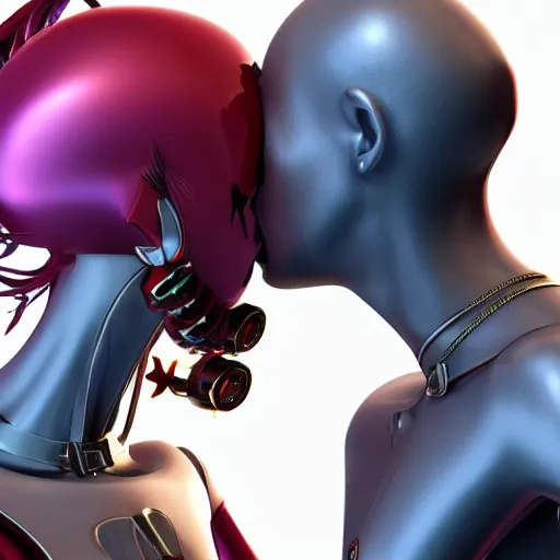 Image similar to kiss of the sweet flirty gynoid, octane, cgi, highly detailed, photorealistic,