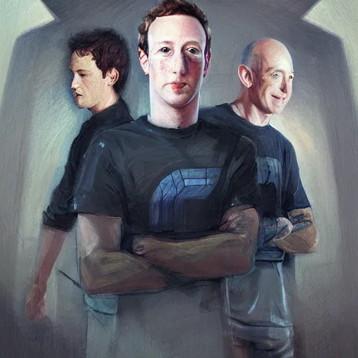 Image similar to portrait of elon mus, mark zuckerberg and jeff bezos together, together, very detailled, art contest winner on behance, trendy on deviant art, by by artgem, greg rutkowski