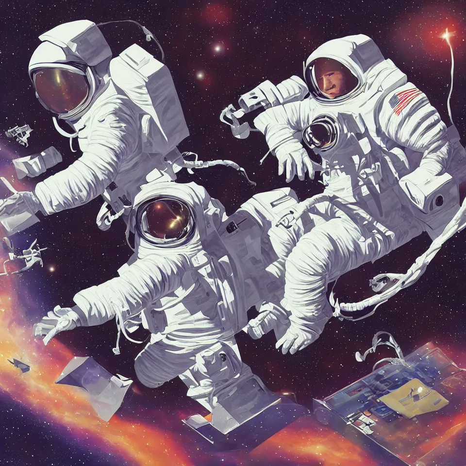 Image similar to an astronaut with headphone playing keyboard in the space, digital painting, digital art, illustrated by alex ross