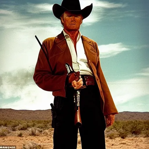 Image similar to donald trump as clint eastwood squinting at high noon in the style of a clint eastwood movie, the good, the bad and the ugly, clint eastwood, steven seagal, bud spencer, donald trump, glory days, american flag, patriotism