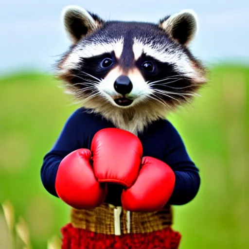 Prompt: cute kawaii raccoon wearing red boxing gloves, radiant light