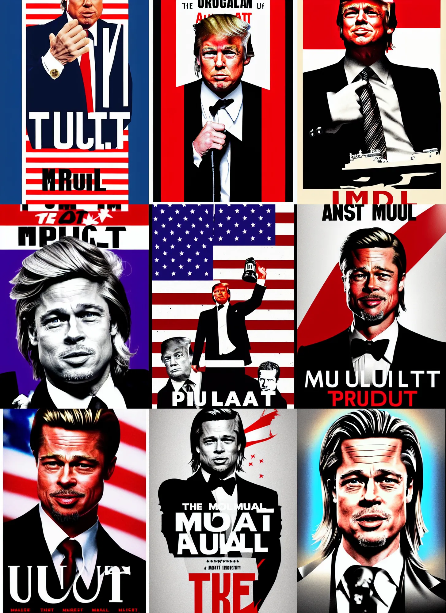 Prompt: the mogul, brad pitt as united states president donald trump, 8 0's movie poster, theatrical poster, vibrant fan art, digital art, trending on artstation, minimalist