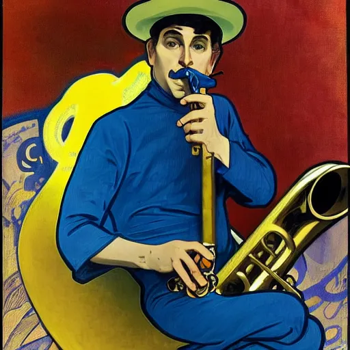 Image similar to man sitting in a yellow costume with a yellow hat holding a saxophone, smoking a cigarette, blue skin, blue smoke, dark background, realistic painting, artwork, meditative, alphonse mucha