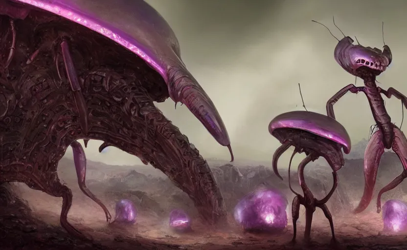 Image similar to matte painting of ant aliens, trending in artstation, purple color lighting