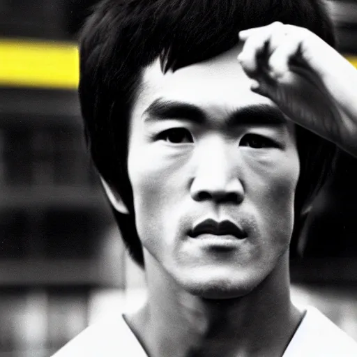 Image similar to 8 k portrait photograph of bruce lee, a blurred wafflehouse in the background