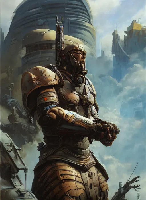 Image similar to portrait of a handsome brute warrior in a futuristic warzone. art by denys tsiperko and dan dos santos and boris vallejo. detailed, hyperrealism, macho, 8 k resolution