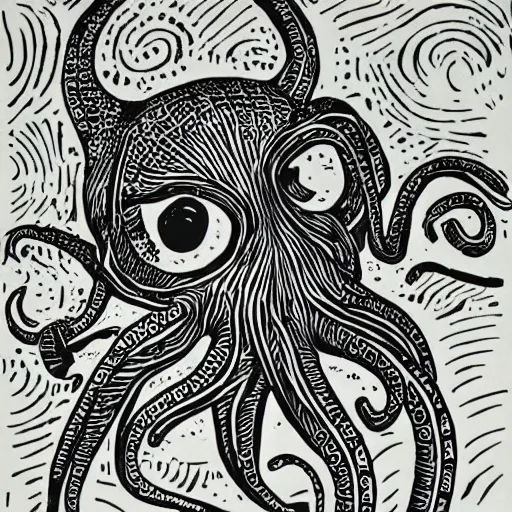 Prompt: octopus with a cat head, linocut