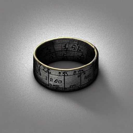 Image similar to the ring from lord if the rings with an imprinted ruler, cm scale imprinted on the inside of the ring, one ring to rule them all, dark background, highly detailed, 8 k, trending on artstation, mystic, rpg artwork, by peter jackson, by sauron