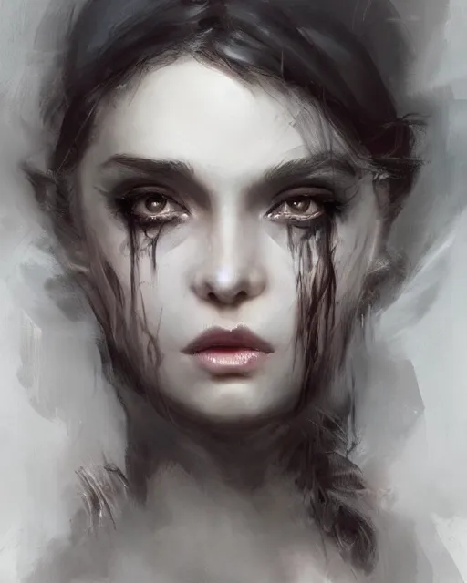 Prompt: portrait of demon girl, dreamy and ethereal, expressive pose, big black eyes, exciting expression, fantasy, intricate, elegant, dark and moody smoke, highly detailed, digital painting, artstation, concept art, smooth, sharp focus, illustration, art by artgerm and greg rutkowski and jeremy mann